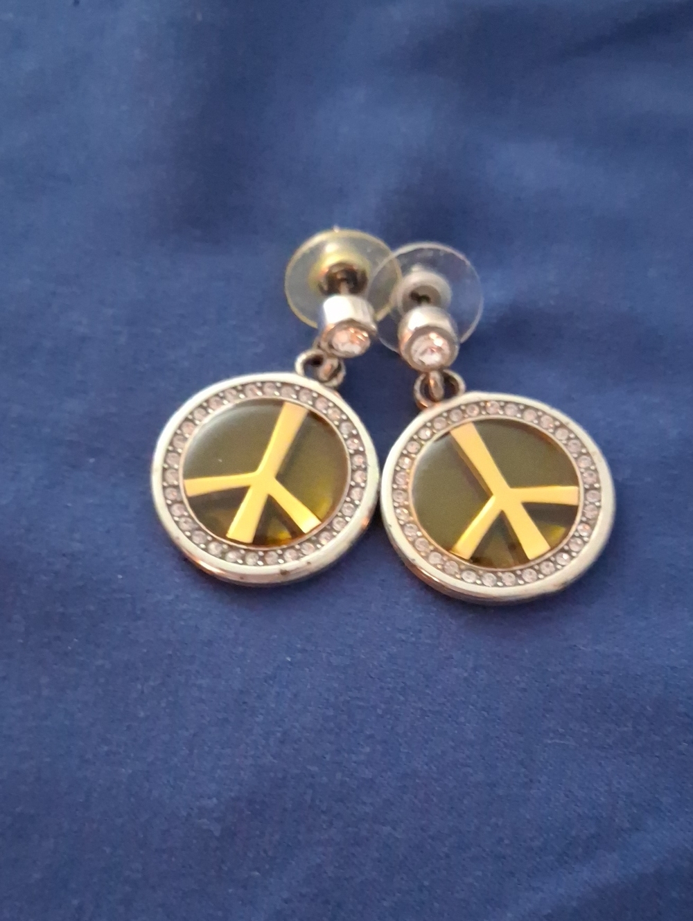 Brighton Gold-Tone Peace Sign Drop Earrings with Crystal Halo